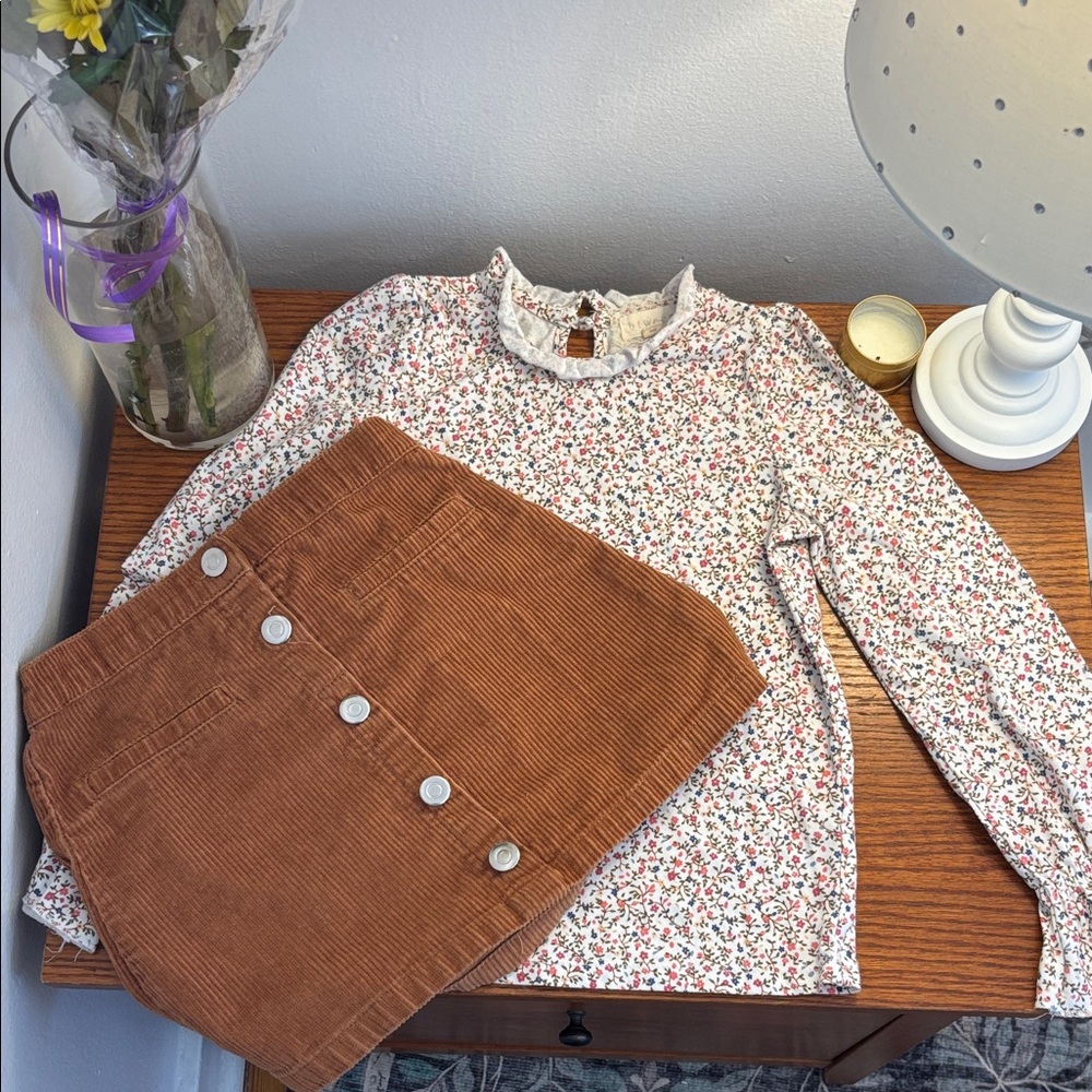 Bonpoint White Floral Ruffle-Collar Blouse with Brown Corduroy Skirt